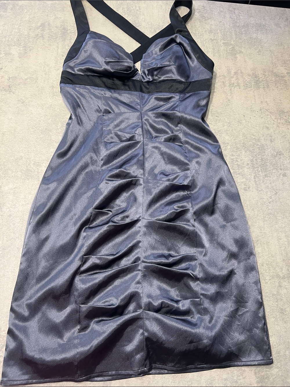 le chateau Charcoal Satin Ruched Mini Dress with Black Trim